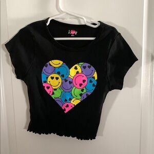 NWOT Lucy Black Tee with Colorful Smiley Heart